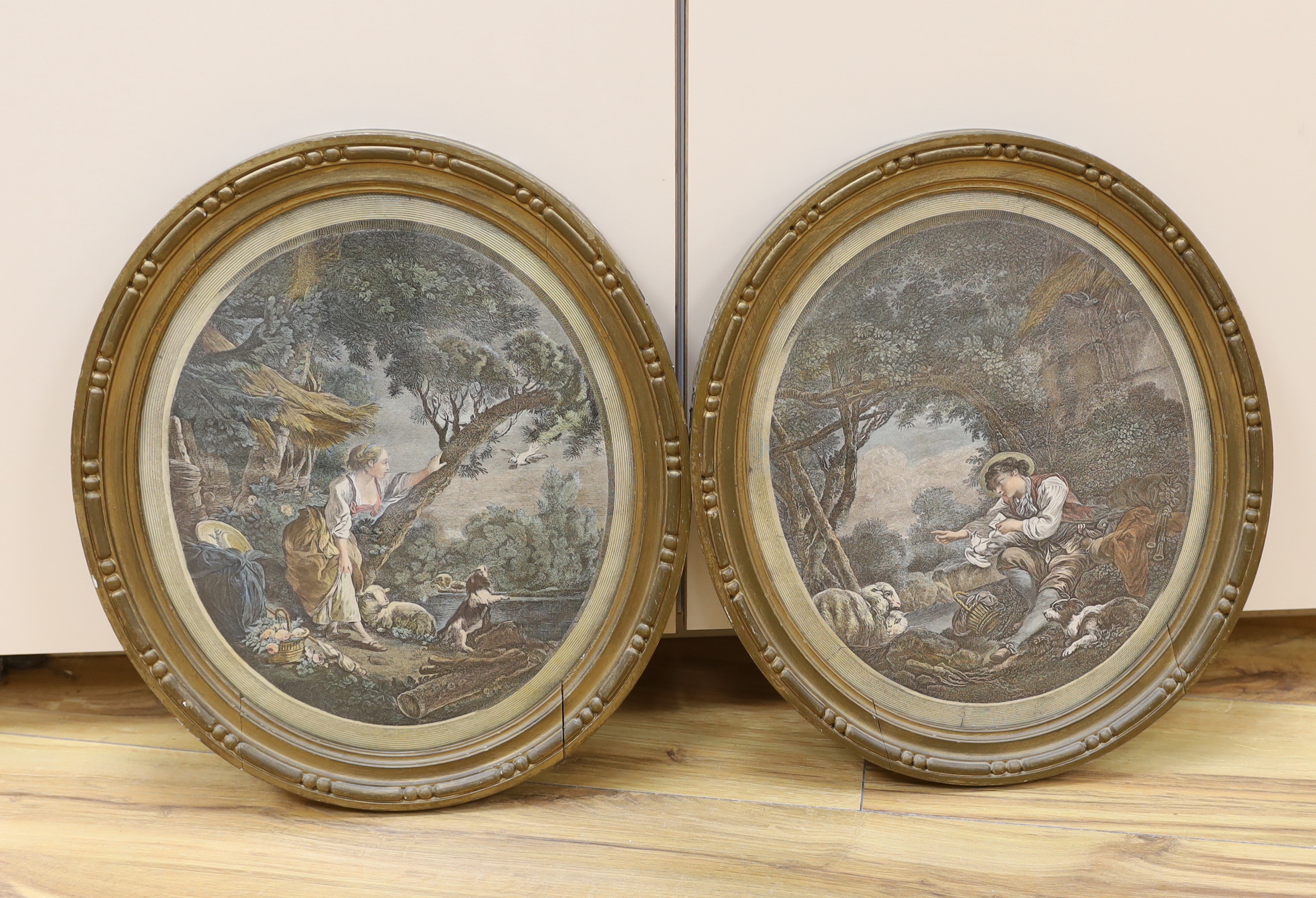 After Francois Boucher (French, 1703-1770), pair of oval colour engravings, ‘Dispatch of the Messenger’ and ‘Arrival of the Dove’, 36 x 30cm